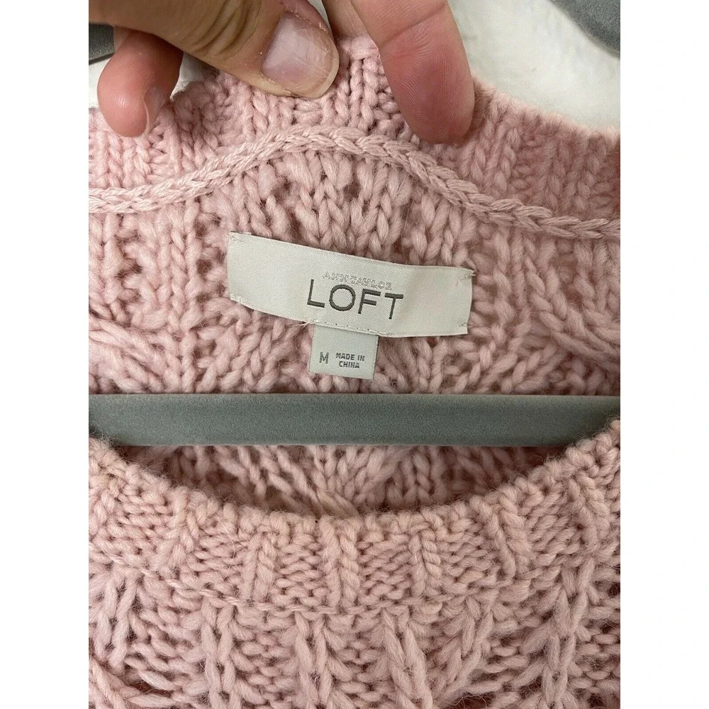 Women' Ann‎ Taylor LOFT Pink Blush Chunky Knit 3/4 Sleeve Boatneck Sweater Sz M